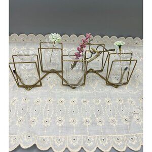 Mid-Century Modern Brass & Glass Geometric Bud Vase Set w 4 Vases
